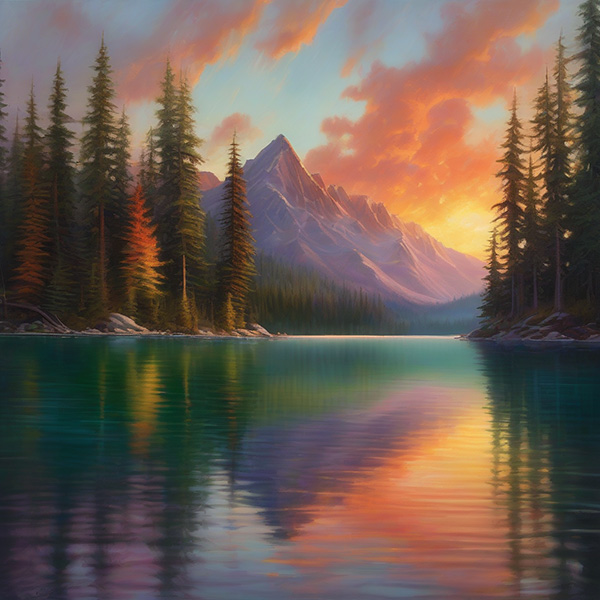A tranquil scene of a crystal-clear mountain lake nestled among towering evergreens, with the sun setting in a blaze of colors, casting a warm glow over the serene waters and reflecting the majestic peaks in the distance.