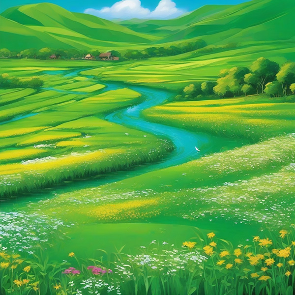 Embark on a journey through an idyllic countryside, where emerald fields stretch as far as the eye can see, adorned with wildflowers swaying gently in the breeze. Follow a winding river that meanders through the landscape, its tranquil waters reflecting the azure sky overhead, while birds soar gracefully in the air, their melodious songs filling the air with serenity.