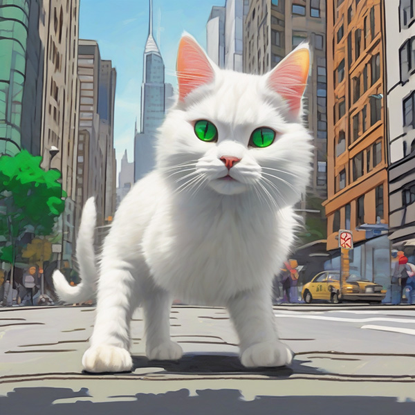 A small fluffy white cat with bright green eyes is walking down a bustling city street pausing to sniff at a fire hydrant before continuing on its way The city skyline is visible in the background with tall buildings and skyscrapers rising up on either side of the street The cats fur is smooth and shiny in the sunlight and it looks like its enjoying its stroll through the city